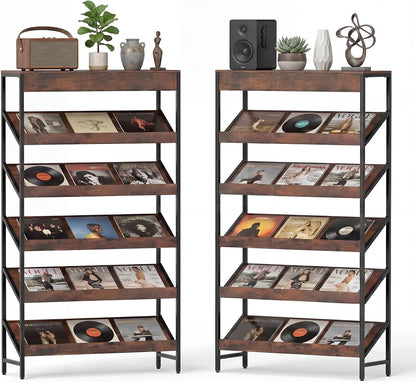 Goflame 6-Tier Industrial Tall Bookcase with Angled Shelves and Metal Frame