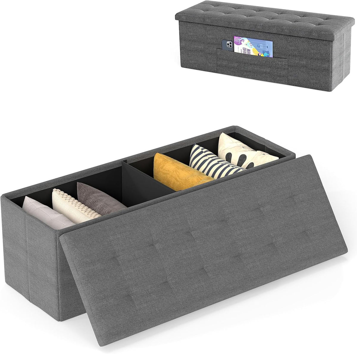 Goflame 43 Inches Folding Storage Ottoman Bench Upholstered Storage Chest with Side Pocket