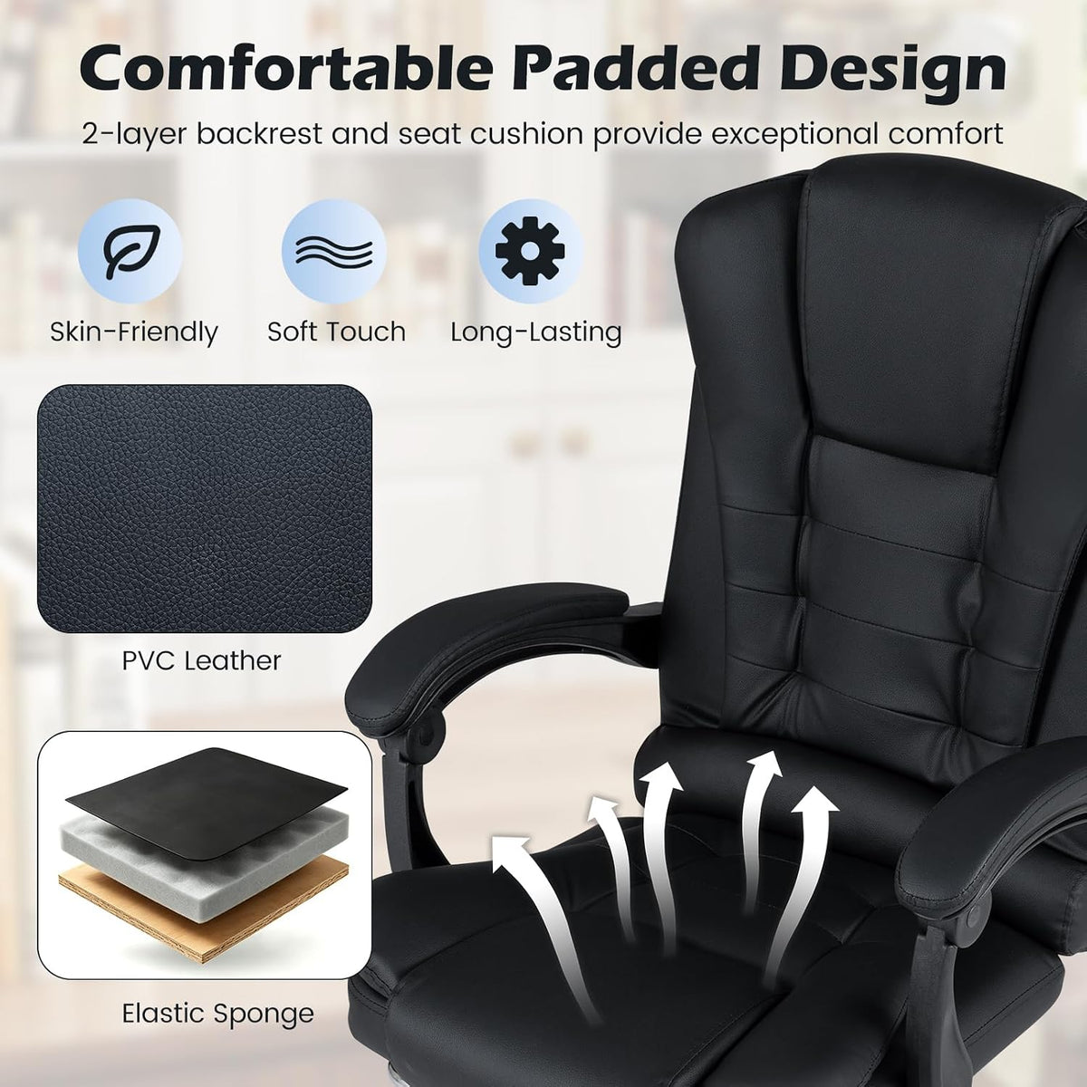 Goflame Massage Office Chair, Comfy Desk Chair with Foot Rest, Black | Executive Chair with Adjustable Reclining Backrest