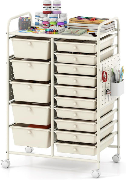 Goflame 15 Drawer Storage Cart | Rolling Craft Cart with Metal Tabletop & Pegboard