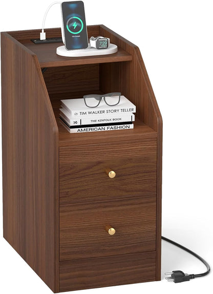 Goflame Side End Table with Charging Station Sofa Couch Table with Shelf Drawers