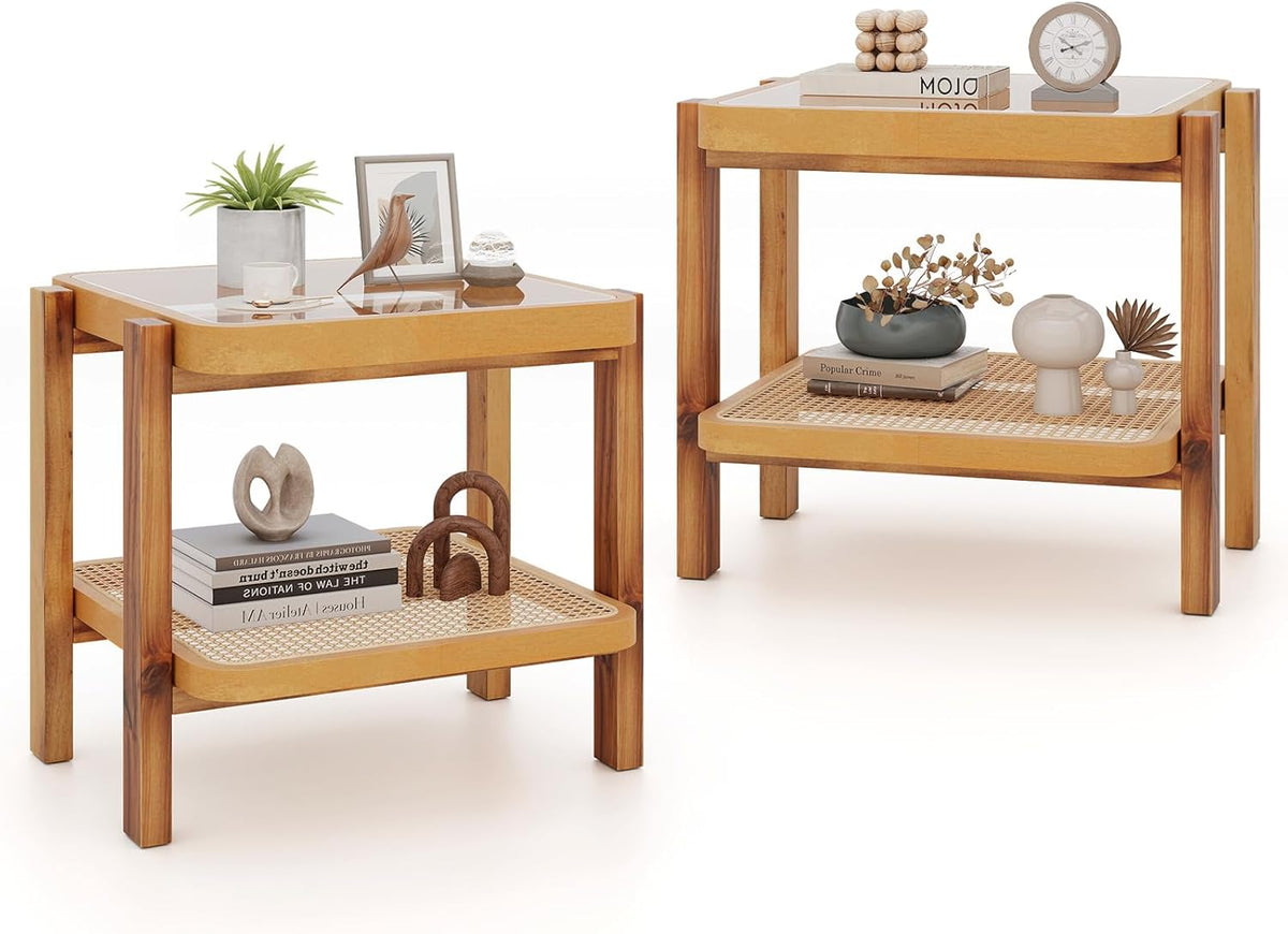 Goflame Rattan Side Table, Boho End Table for Living Room, Narrow Bedside Table with Tempered Glass Top