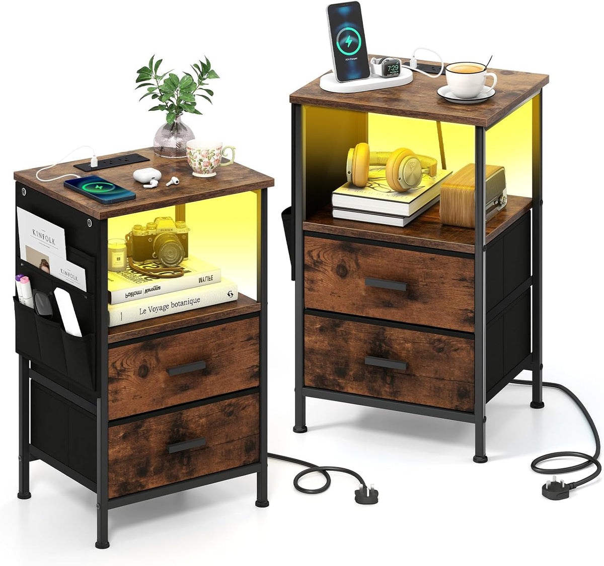 Goflame Night Stand with Charging Station | LED Sofa End Table w/2 Folding Fabric Drawers