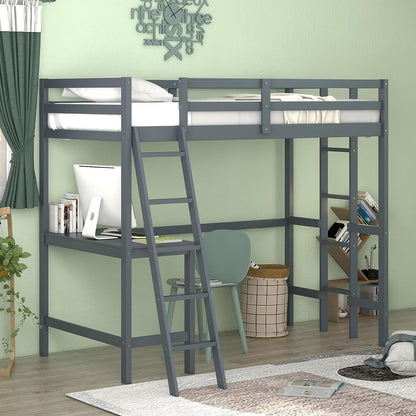 Goflame Twin Size Loft Bed with Desk, Solid Wood Loft Bed with 2 Ladders & Full Length Guardrail