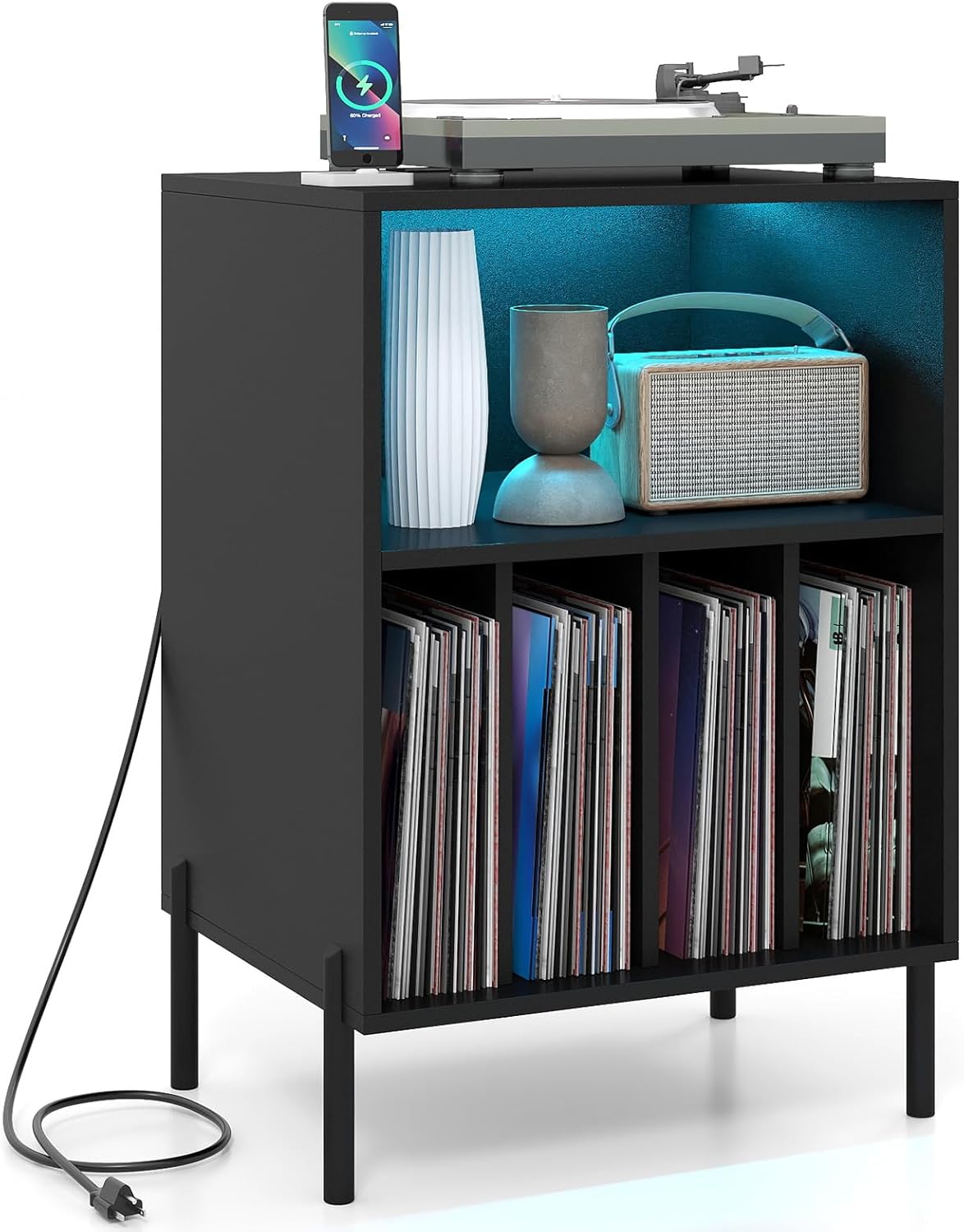 Goflame Record Player Stand with LED Lights & Charging Station