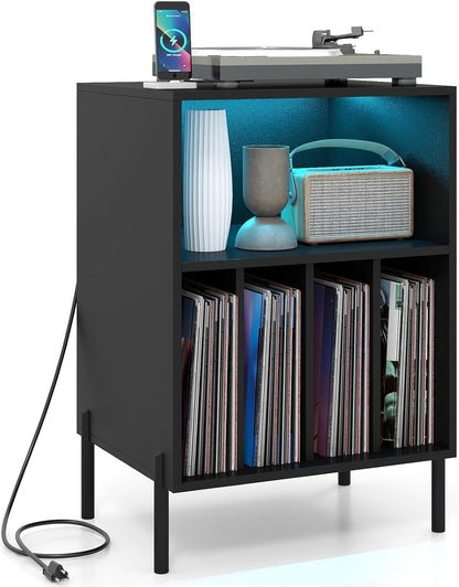 Goflame Record Player Stand with LED Lights & Charging Station