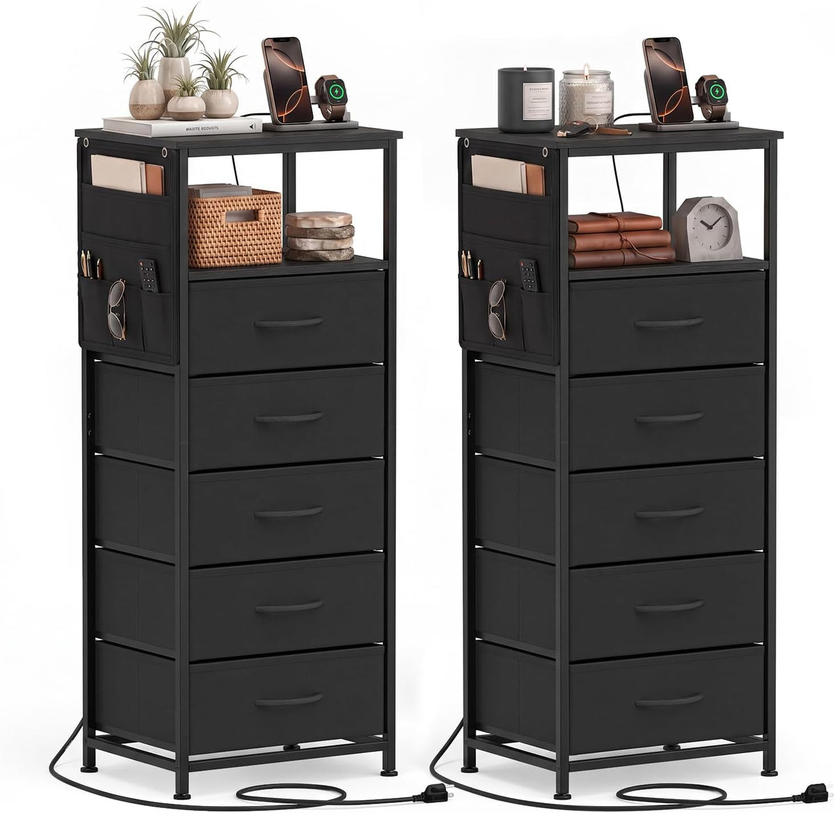 Goflame Modern 39" Bedside Table with Integrated Charging Station & 5 Fabric Drawers (1/2)