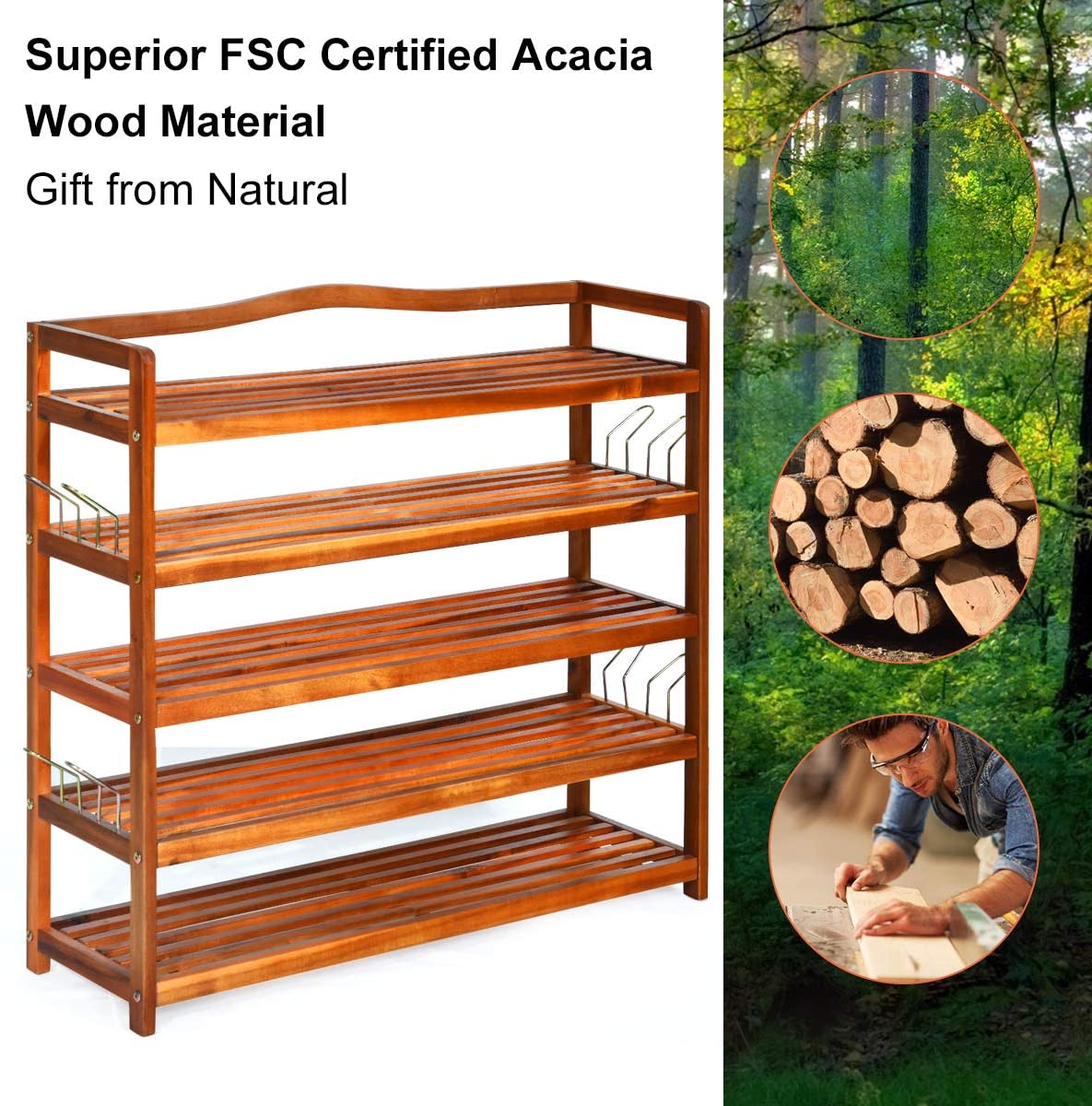 5-Tier Wood Shoe Rack Entryway Shoe Shelf Storage Organizer - Goflame