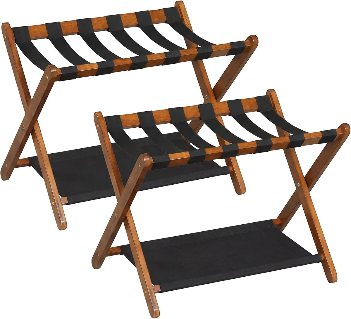 Goflame Folding Luggage Rack | Solid Rubber Wood Suitcase Stand with Storage Shelves