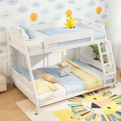 Goflame Wood Bunk Beds Twin Over Full Size, Solid Wood Floor Low Bunk Bed w/Removable Ladder