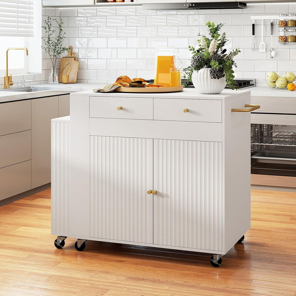 Goflame 72”-44.5” Extendable Kitchen Island with Storage, Power Outlet | Rolling Kitchen Island Table on Wheels w/Fluted Doors