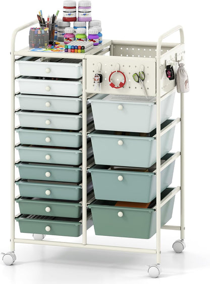 Goflame 14 Drawer Storage Cart | Rolling Craft Cart with Metal Tabletop & Pegboard