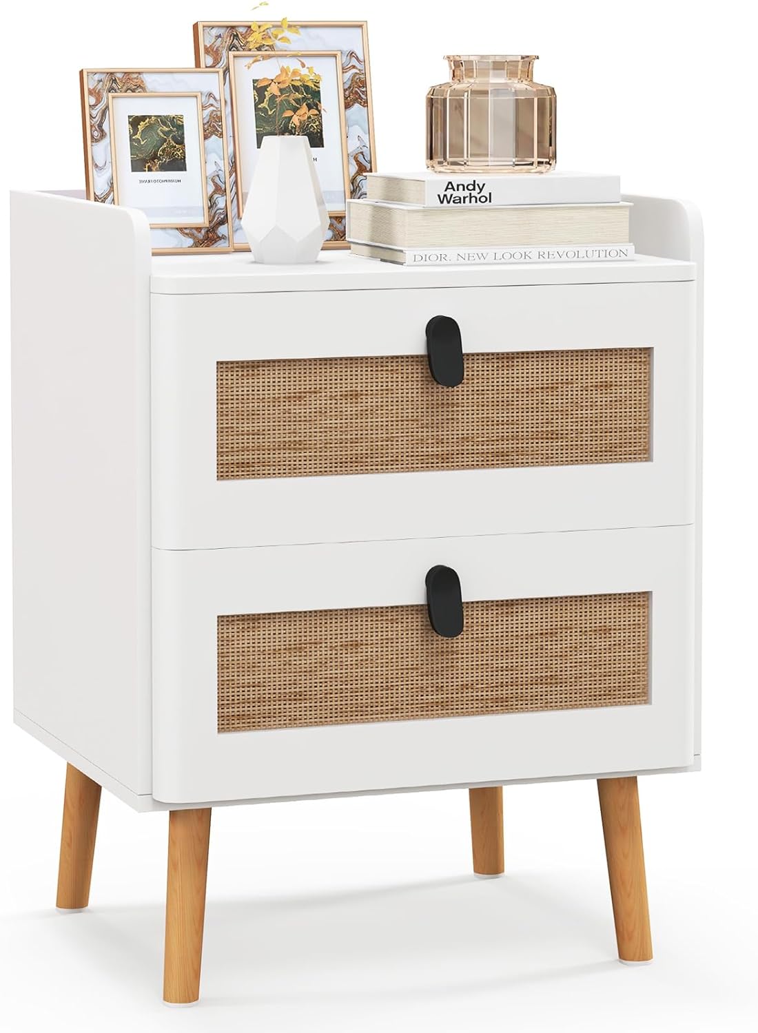 Goflame Rattan Nightstand, Boho 2/3-Drawer Dresser with 4 Solid Wood Legs