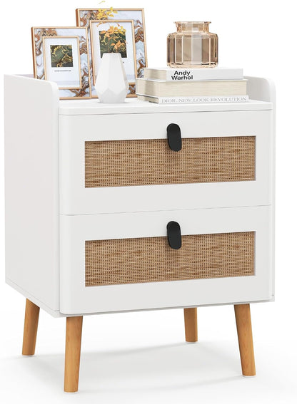 Goflame Rattan Nightstand, Boho 2/3-Drawer Dresser with 4 Solid Wood Legs