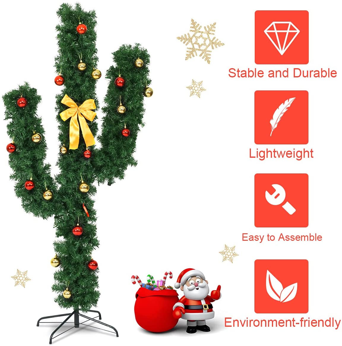 Pre-Lit Artificial Cactus Christmas Tree with LED Lights and Ball Ornaments - Goflame