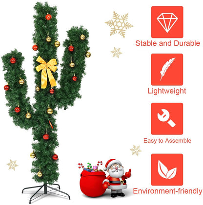 Pre-Lit Artificial Cactus Christmas Tree with LED Lights and Ball Ornaments - Goflame