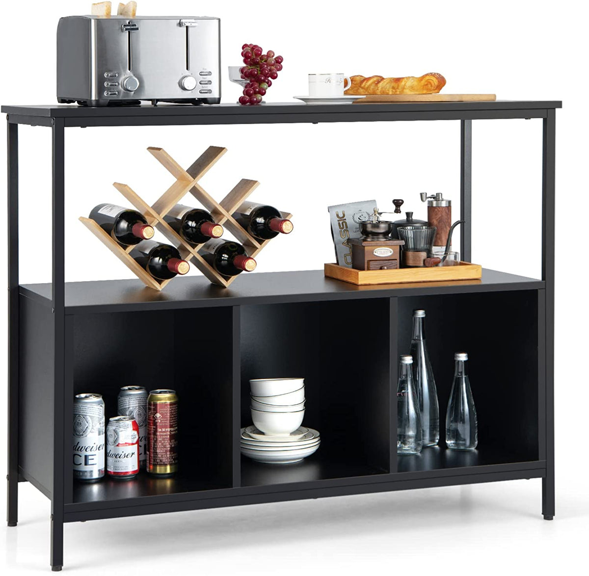 Goflame Buffet Sideboard, Wooden Cupboard, Kitchen Pantry w/Spacious Countertop, Large Open Shelf, 3 Cube Storage Cabinet