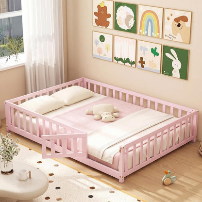 Goflame Full Size Floor Bed for Kids, Montessori Floor Bed with Wood Slats & Safety Guardrails