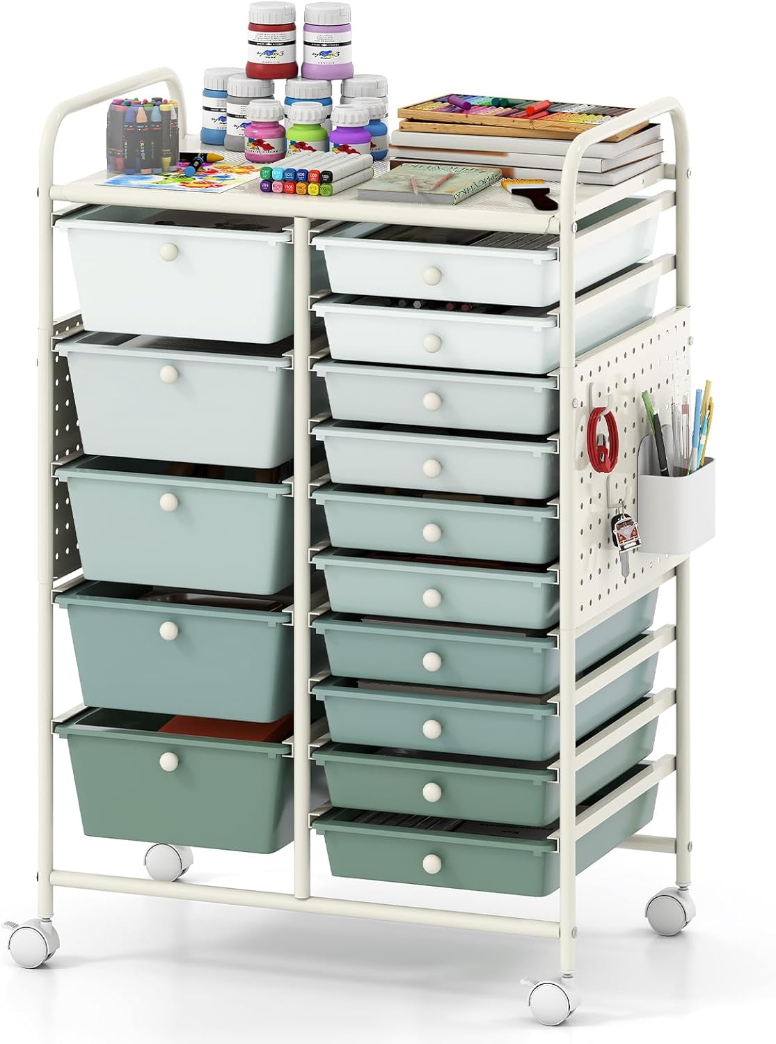 Goflame 15 Drawer Storage Cart | Rolling Craft Cart with Metal Tabletop & Pegboard