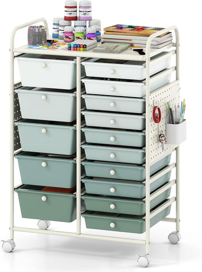 Goflame 15 Drawer Storage Cart | Rolling Craft Cart with Metal Tabletop & Pegboard