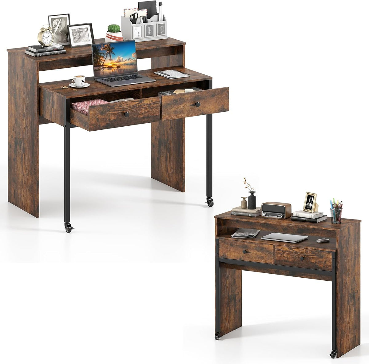 Goflame Small Computer Desk with Hutch & Drawers