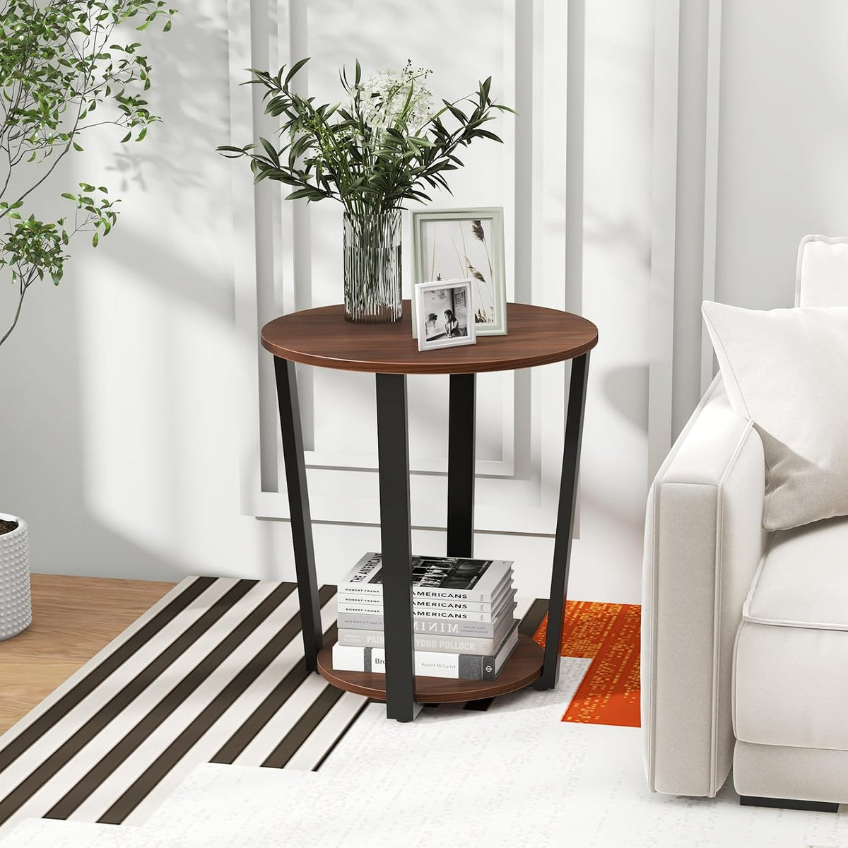 GOFLAME Round 2-Tier End Table with Storage Shelf Metal Frame for Bedroom Living Room