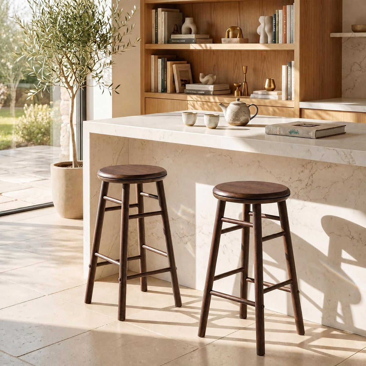 Goflame 24 Inch Swivel Bar Stools Set of 2, Rubber Wood, Walnut | Round Bar Chairs w/Backless Design