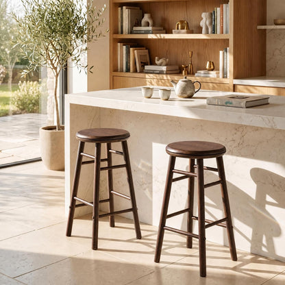 Goflame 24 Inch Swivel Bar Stools Set of 2, Rubber Wood, Walnut | Round Bar Chairs w/Backless Design