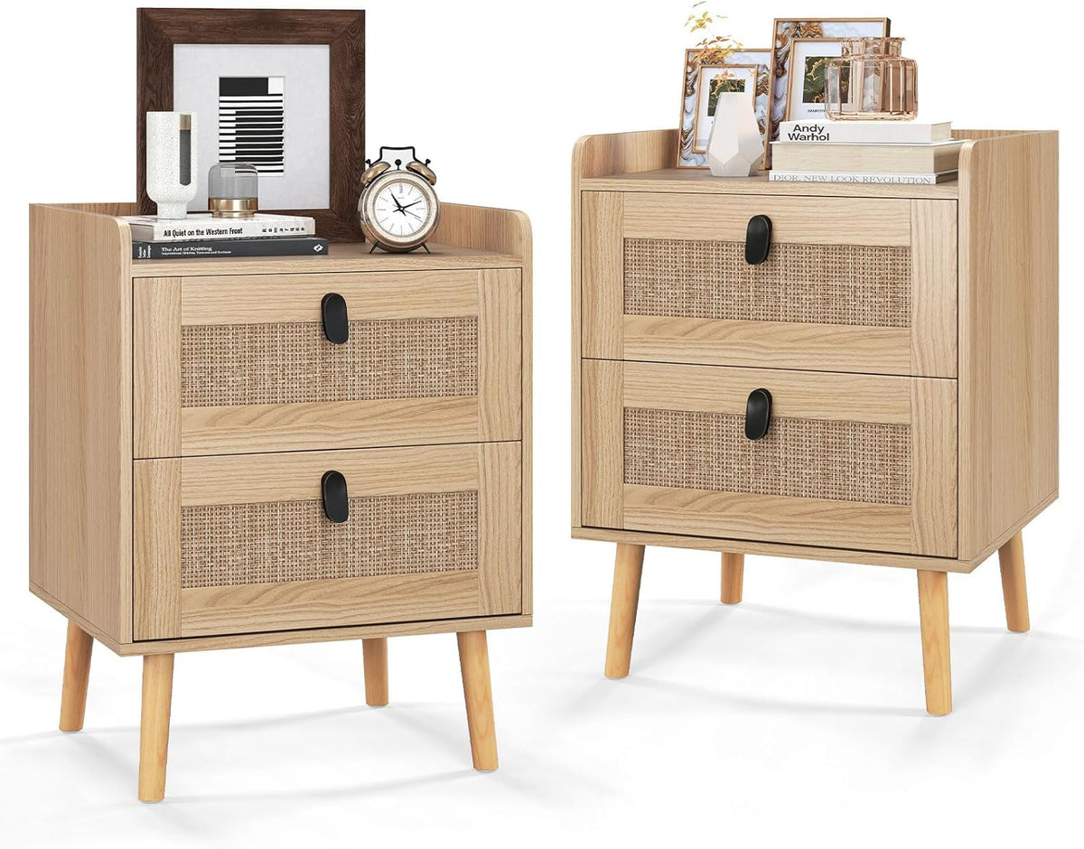 Goflame Rattan Nightstand, Boho 2/3-Drawer Dresser with 4 Solid Wood Legs