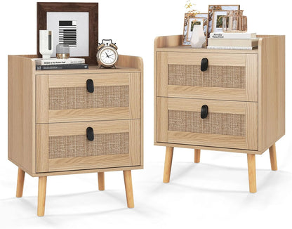 Goflame Rattan Nightstand, Boho 2/3-Drawer Dresser with 4 Solid Wood Legs