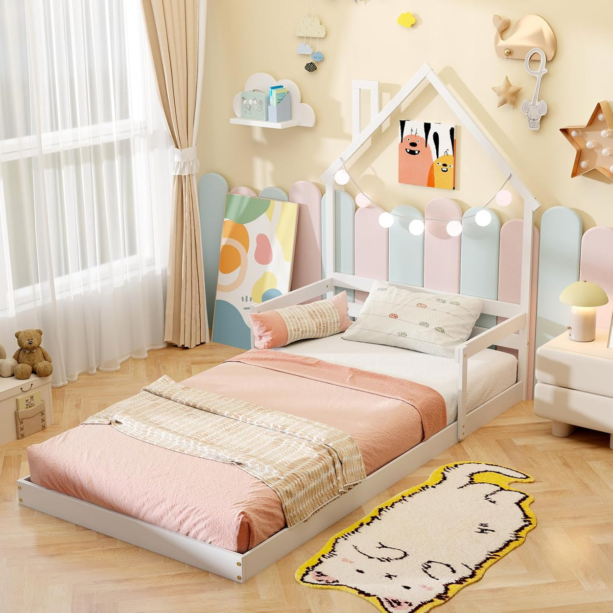 Goflame Twin Floor Bed for Kids, Wood Montessori Floor Bed with Chimney Headboard & Handrail