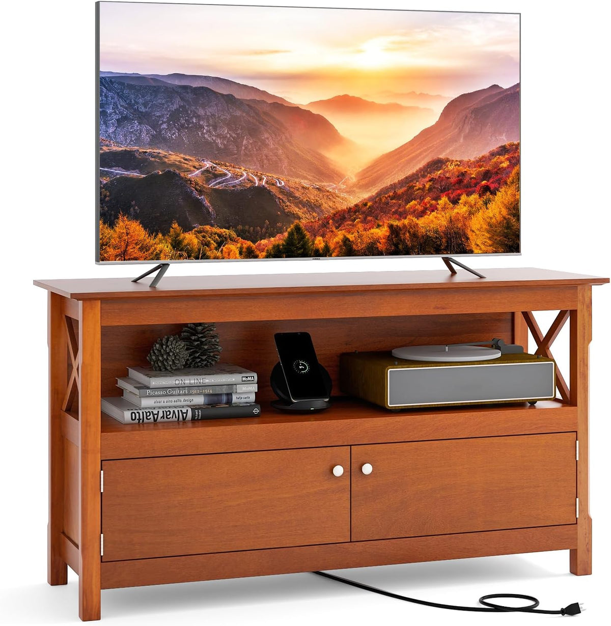 Goflame TV Stand with Power Outlet for TVs up to 50 Inch, Entertainment Center with 2-Door Cabinet