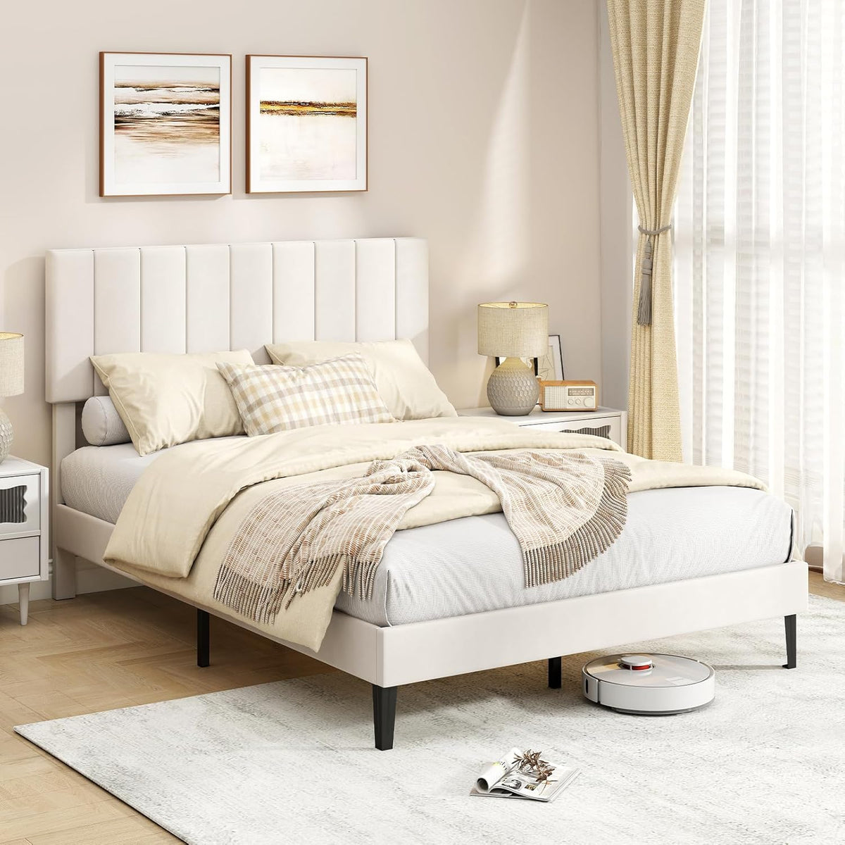 Goflame Queen/Full/Twin Size Upholstered Bed Frame Platform Bed with Height Adjustable Vertical Channel Headboard