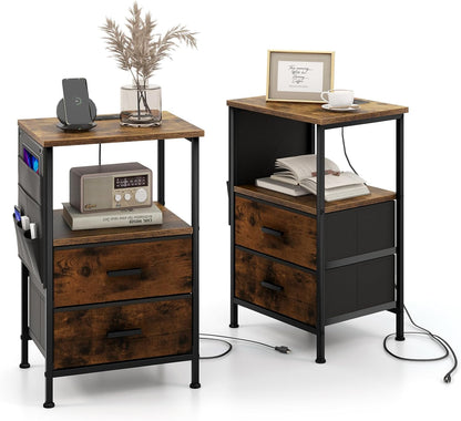 Goflame Nightstand with Charging Station, Industrial Bedside Table with 2 Fabric Drawers & 6 Storage Pockets