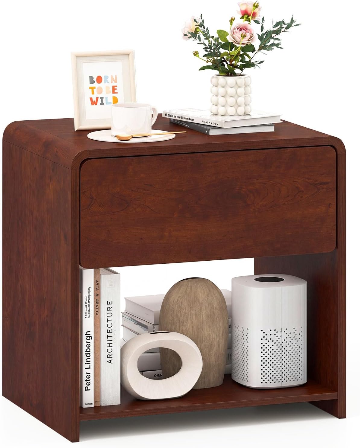Goflame Modern Nightstand with Drawer Set of 1/2 Storage Open Shelf