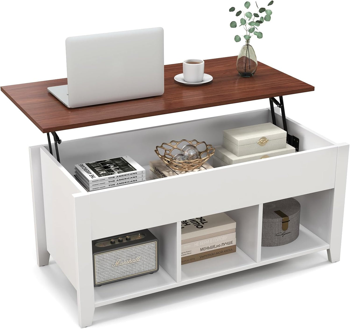 Goflame Lift Top Coffee Table - Rectangular Wooden Table w/Hidden Compartment & Open Storage Shelves