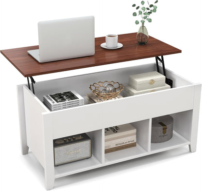 Goflame Lift Top Coffee Table - Rectangular Wooden Table w/Hidden Compartment & Open Storage Shelves