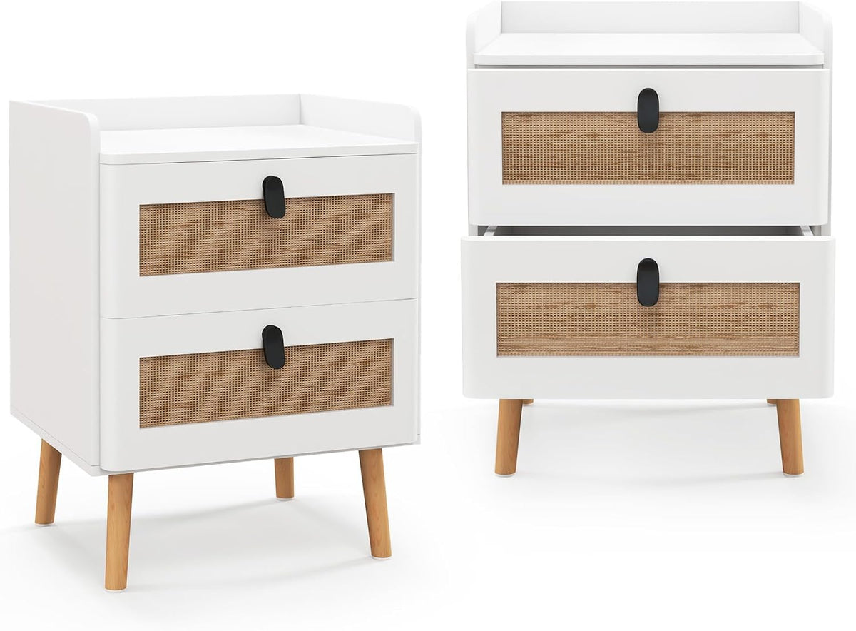 Goflame Rattan Nightstand, Boho 2/3-Drawer Dresser with 4 Solid Wood Legs