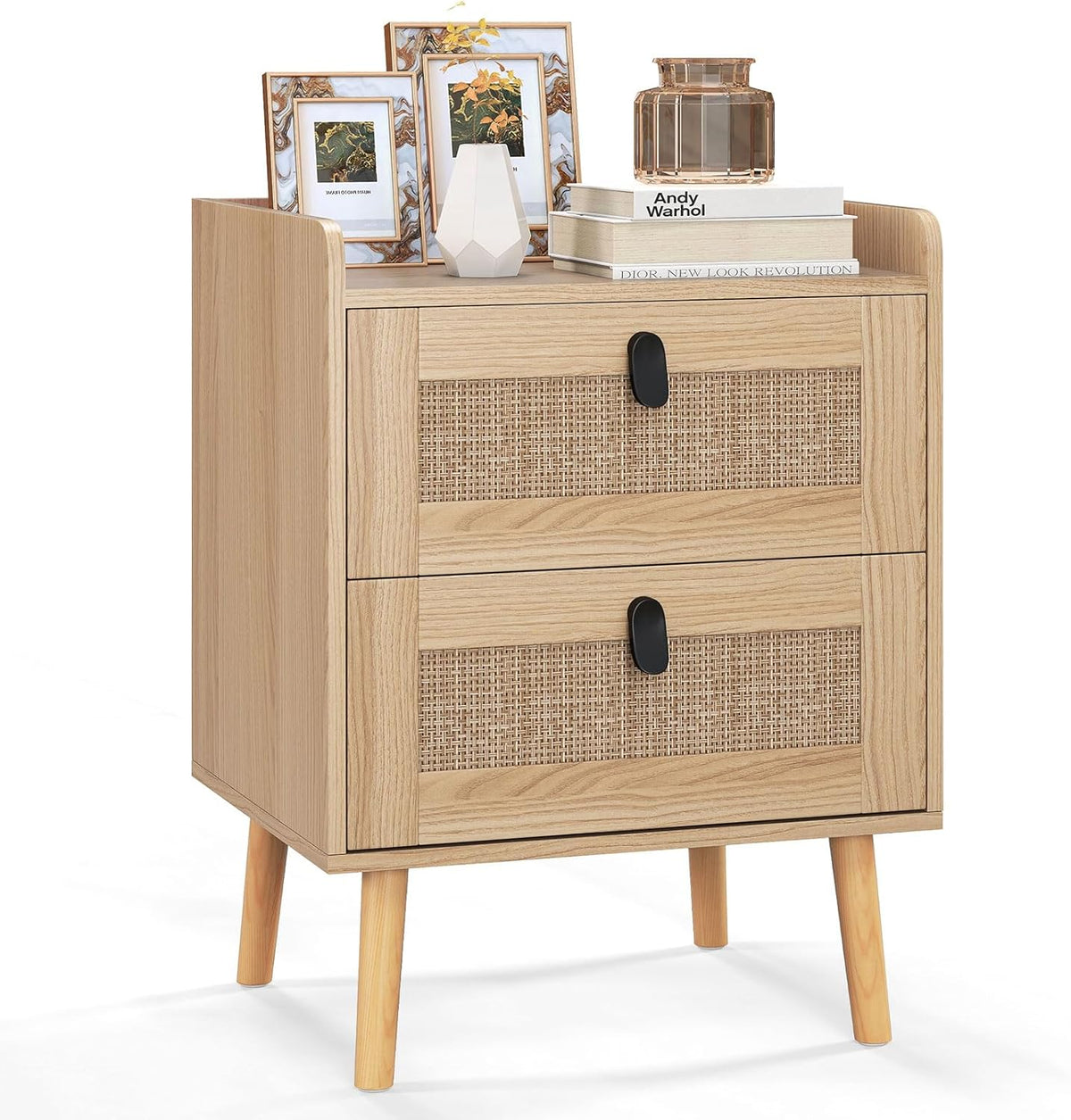 Goflame Rattan Nightstand, Boho 2/3-Drawer Dresser with 4 Solid Wood Legs