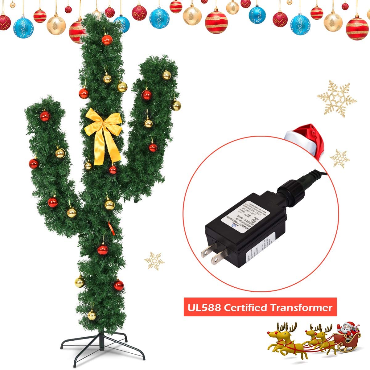 Pre-Lit Artificial Cactus Christmas Tree with LED Lights and Ball Ornaments - Goflame