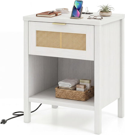 Goflame Rattan Night Stand with Drawer and Open Shelf (1/2)