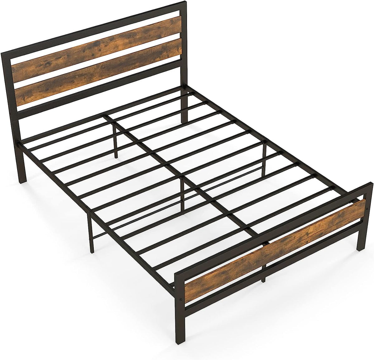 Goflame Queen Metal Platform Bed Frame with Wooden Headboard & Footboard, Rustic Brown
