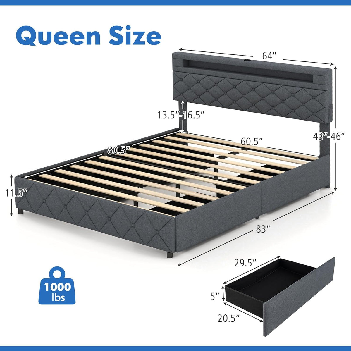 Goflame Queen/Full Size Bed Frame with Storage Headboard and 4 Drawers, Modern Upholstered Platform Bed with Charging Station