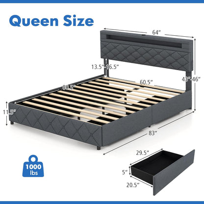 Goflame Queen/Full Size Bed Frame with Storage Headboard and 4 Drawers, Modern Upholstered Platform Bed with Charging Station