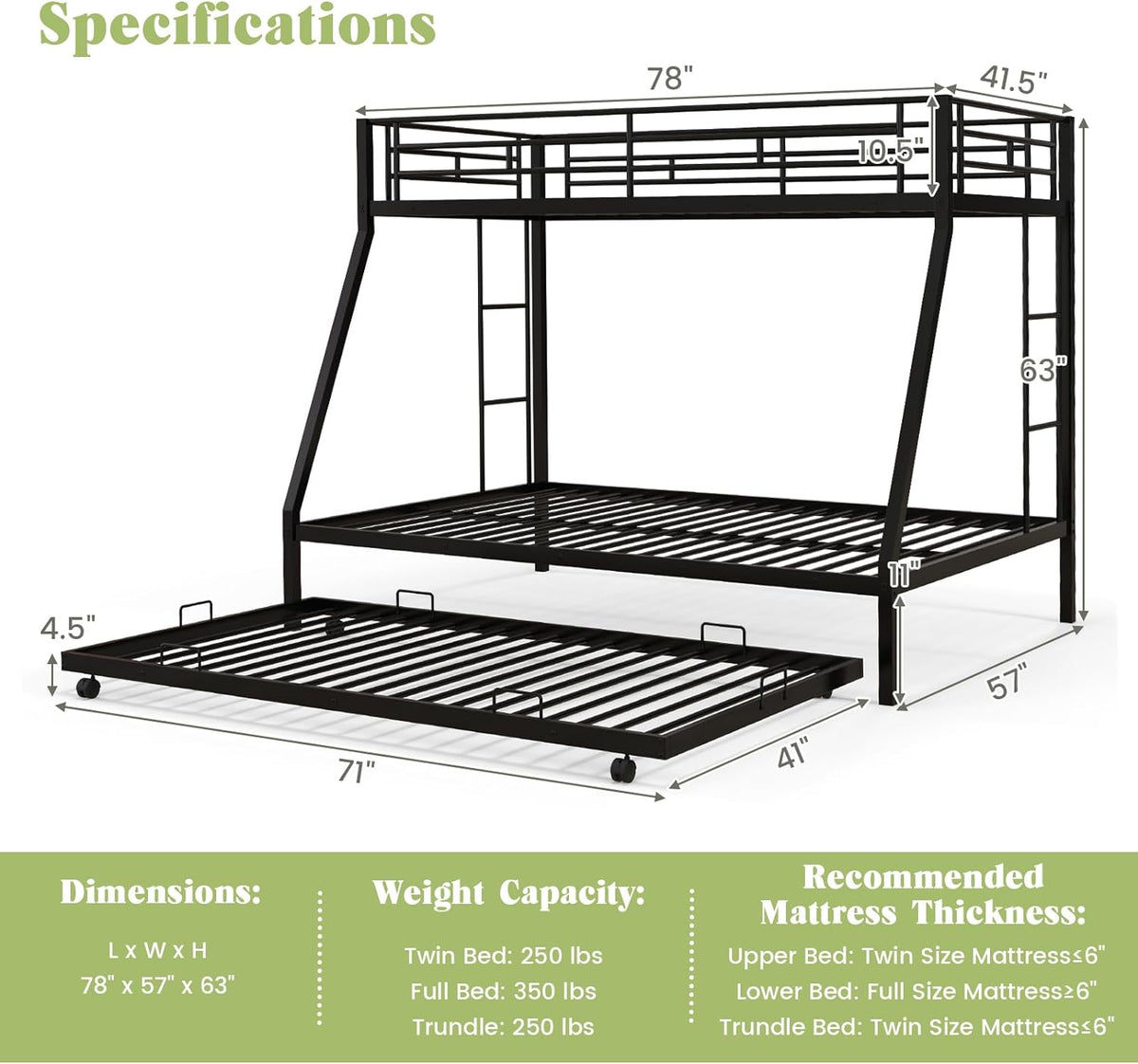 Goflame Twin Over Full Bunk Bed with Trundle, Heavy-Duty Metal Triple Bunk Beds w/Two Side Ladders & Safety Guard Rail, Black