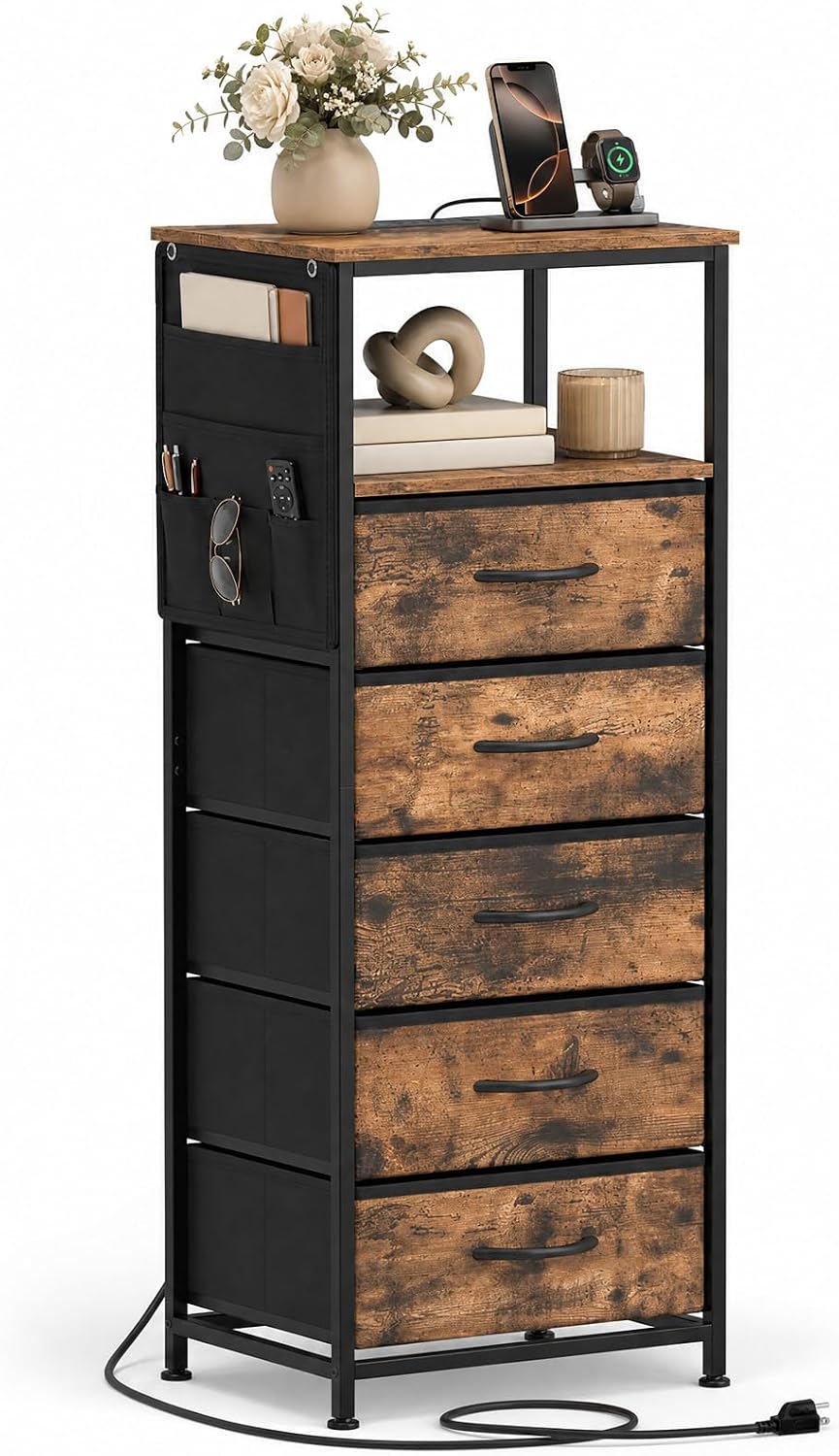 Goflame Modern 39" Bedside Table with Integrated Charging Station & 5 Fabric Drawers (1/2)