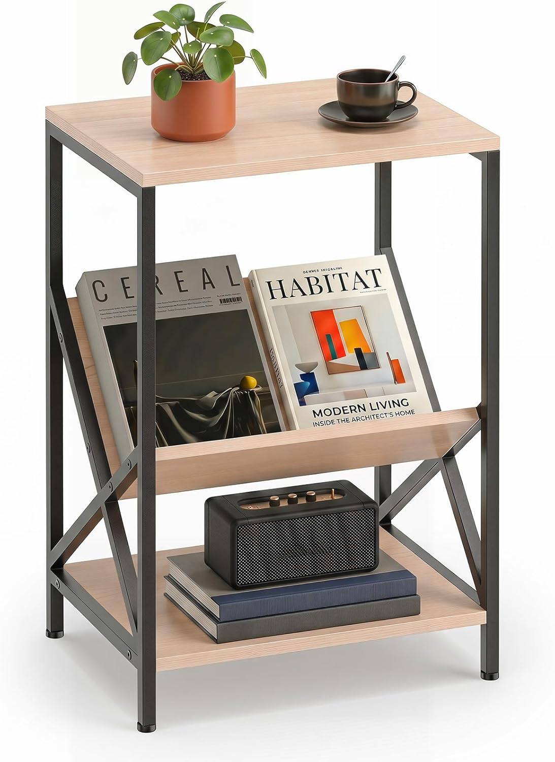 Goflame Record Player Stand, 3-Tier End Table w/ V-Shaped Magazine Holder, Turntable Stand with Record Storage Up to 80 Albums