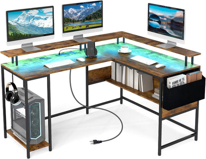 Goflame L Shaped Desk with LED Light & Power Outlets Ergonomic Home Office Desk