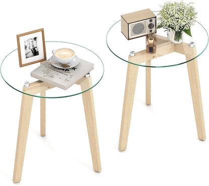 Goflame Glass Round Side Table w/Tempered Glass Top & Rubber Wood Frame
