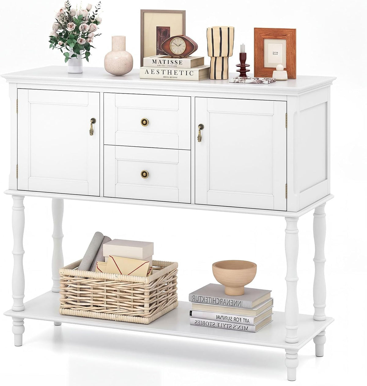 Goflame Console Table with 2 Drawers & 2 Door Cabinets | Narrow Sofa Stand Behind Couch Table with Open Storage Shelf for Living Room